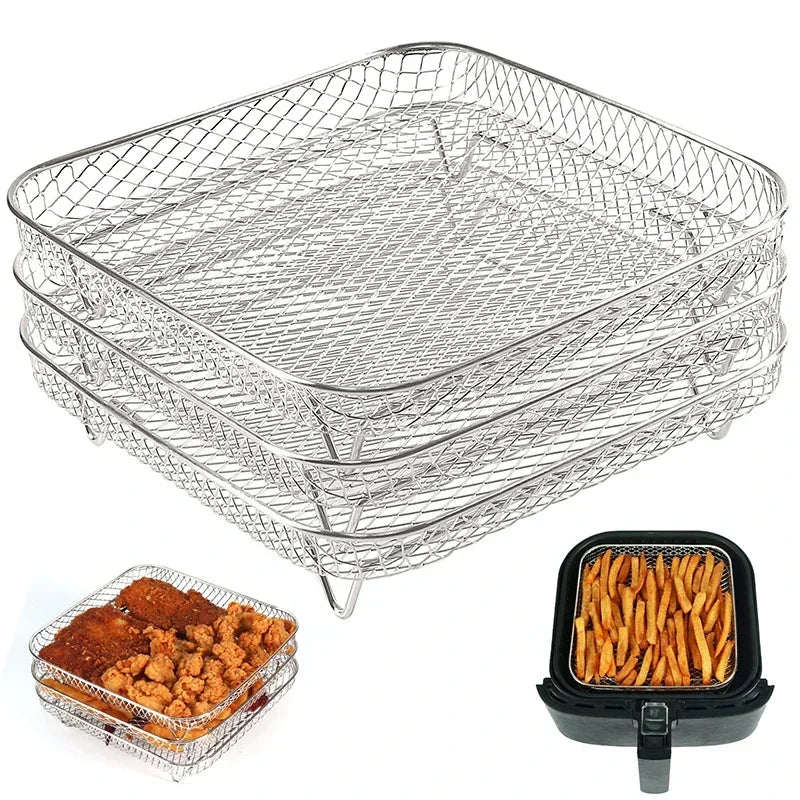 8inch Square Air Fryer Grill 3 Layer Stainless Steel Vortex Fryer Fried Chicken Fries Cooling Rack