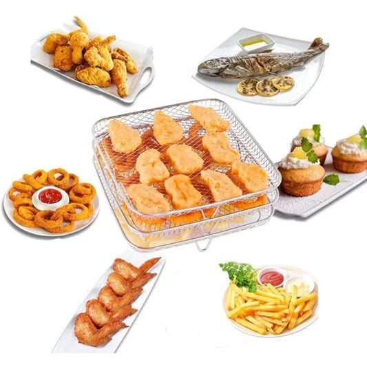 8inch Square Air Fryer Grill 3 Layer Stainless Steel Vortex Fryer Fried Chicken Fries Cooling Rack