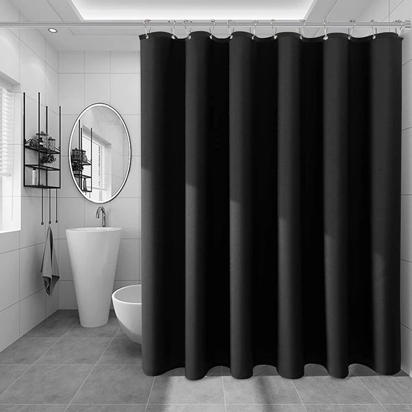 Black Waterproof Bath Curtain with Silver Metal Hooks