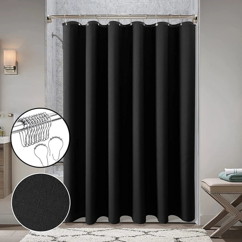 Black Waterproof Bath Curtain with Silver Metal Hooks