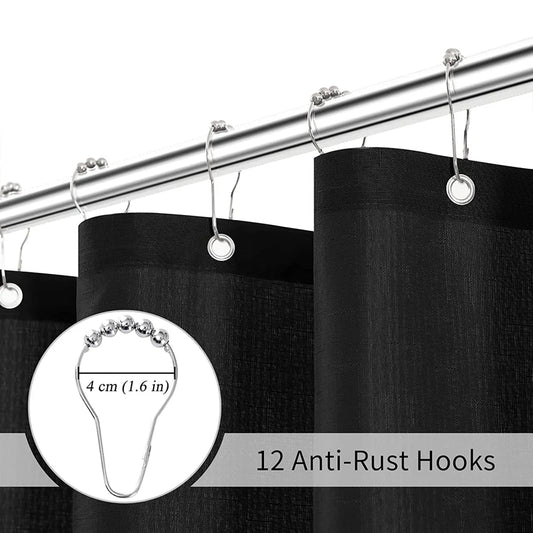 Black Waterproof Bath Curtain with Silver Metal Hooks