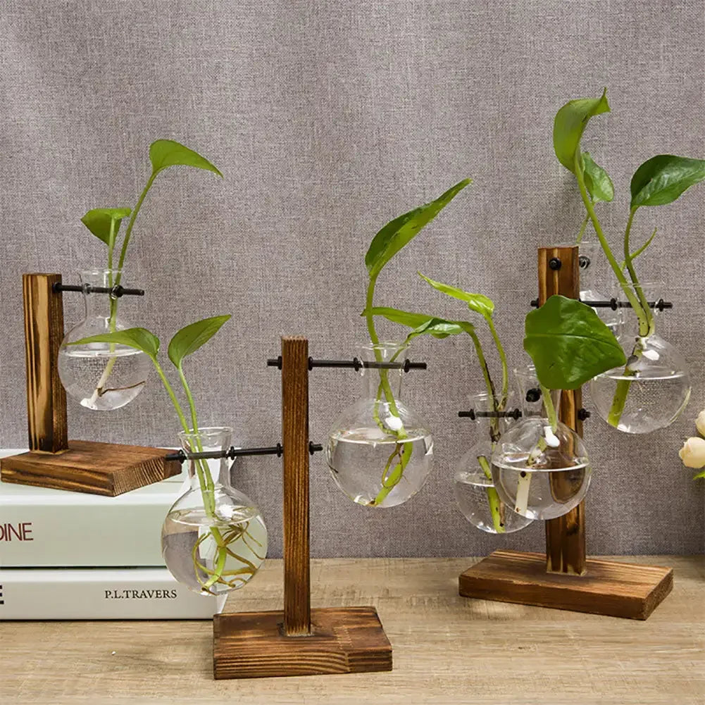 Wooden Stand Desktop Glass Planter