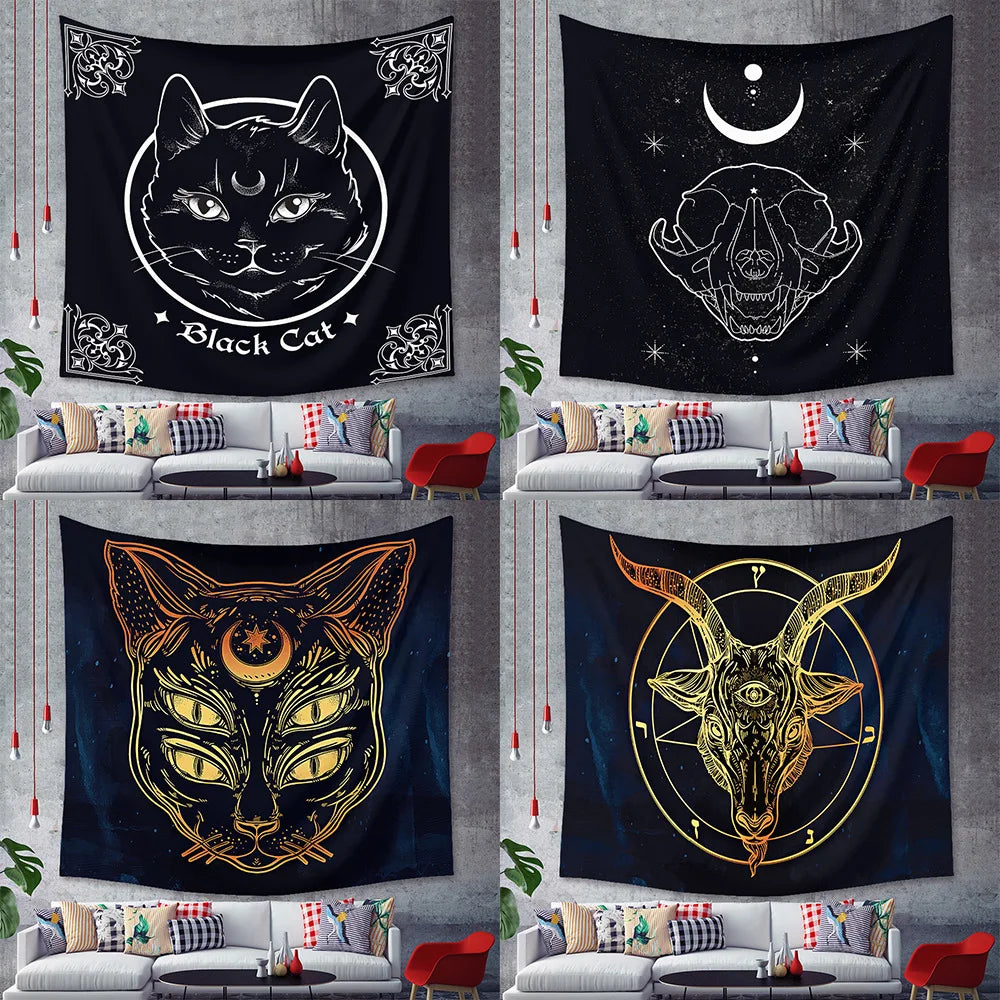 Home black cat tapestry