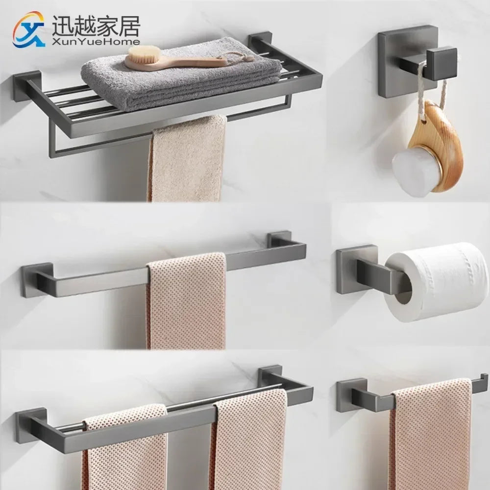 Gun Gray Stainless Steel Metal Towel Rack Paper Tray Robe Hook